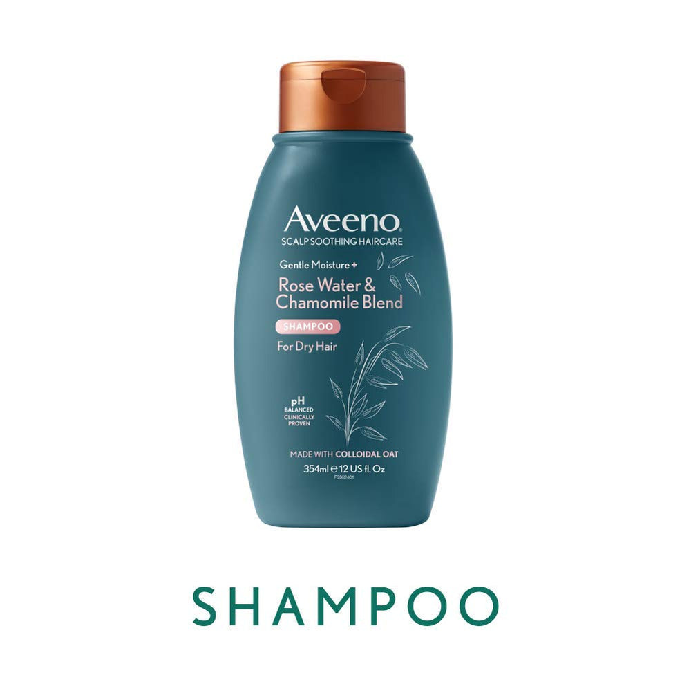 Aveeno rosewater chamomile scent closeup highlights calming aroma for soothing scalp.