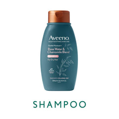 Aveeno rosewater chamomile scent closeup highlights calming aroma for soothing scalp.