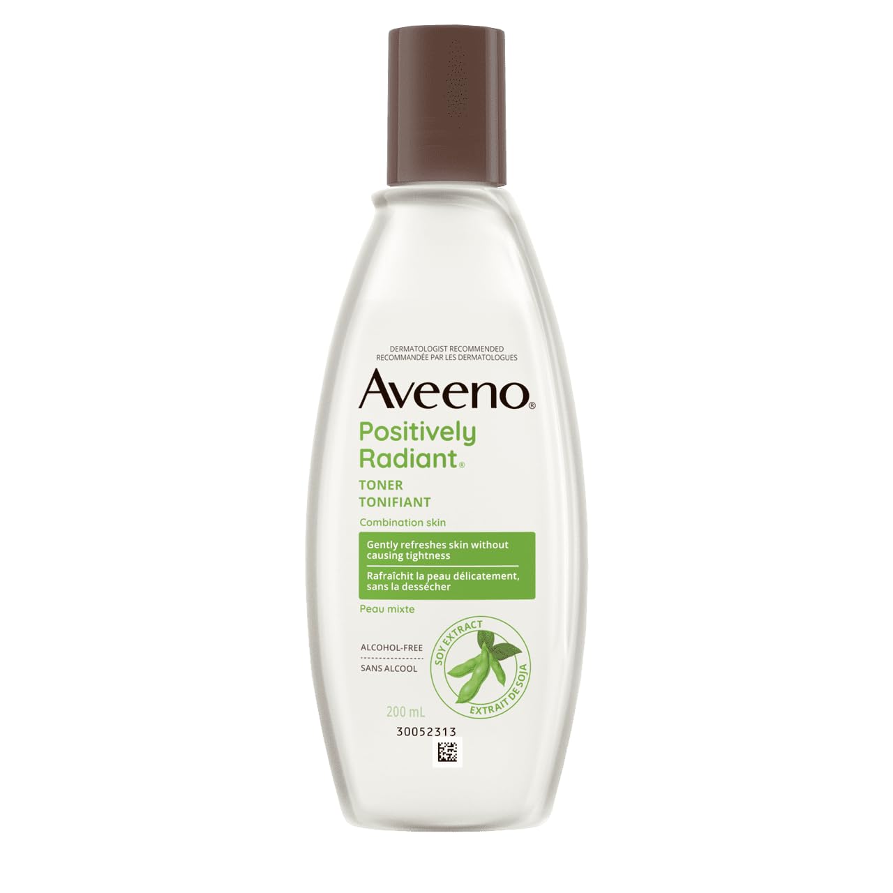 Aveeno Skin Clarifying Toner bottle close-up highlights alcohol-free, gentle hydration.