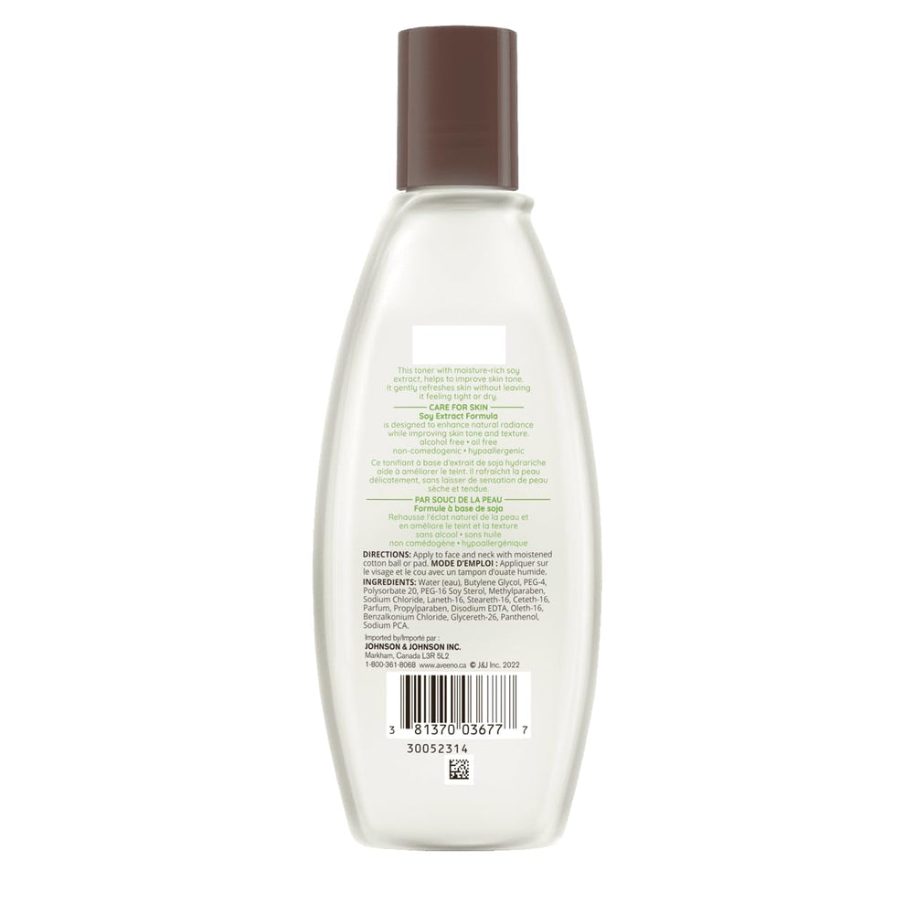 Aveeno Skin Clarifying Toner swirl on skin suggests a clear, oil-free finish.