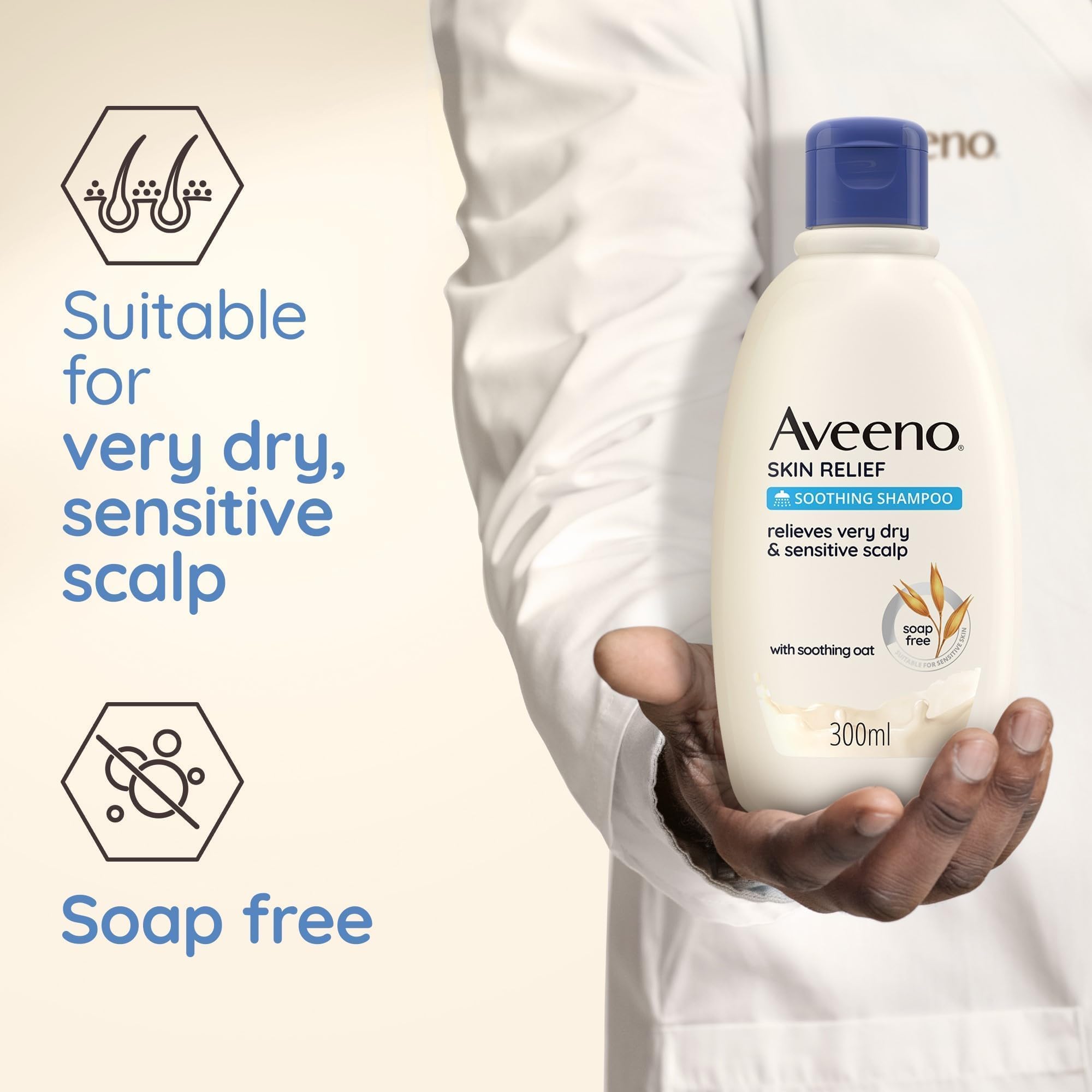 Aveeno Skin Relief Soothing Shampoo on a bathroom shelf for daily use.