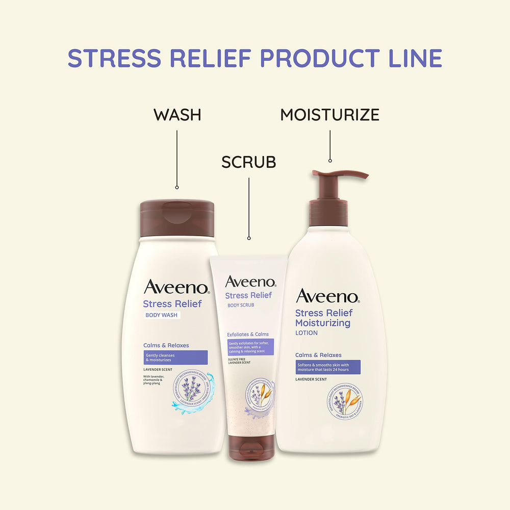 Application motion shows massaging Aveeno lotion for 24-hour moisture.