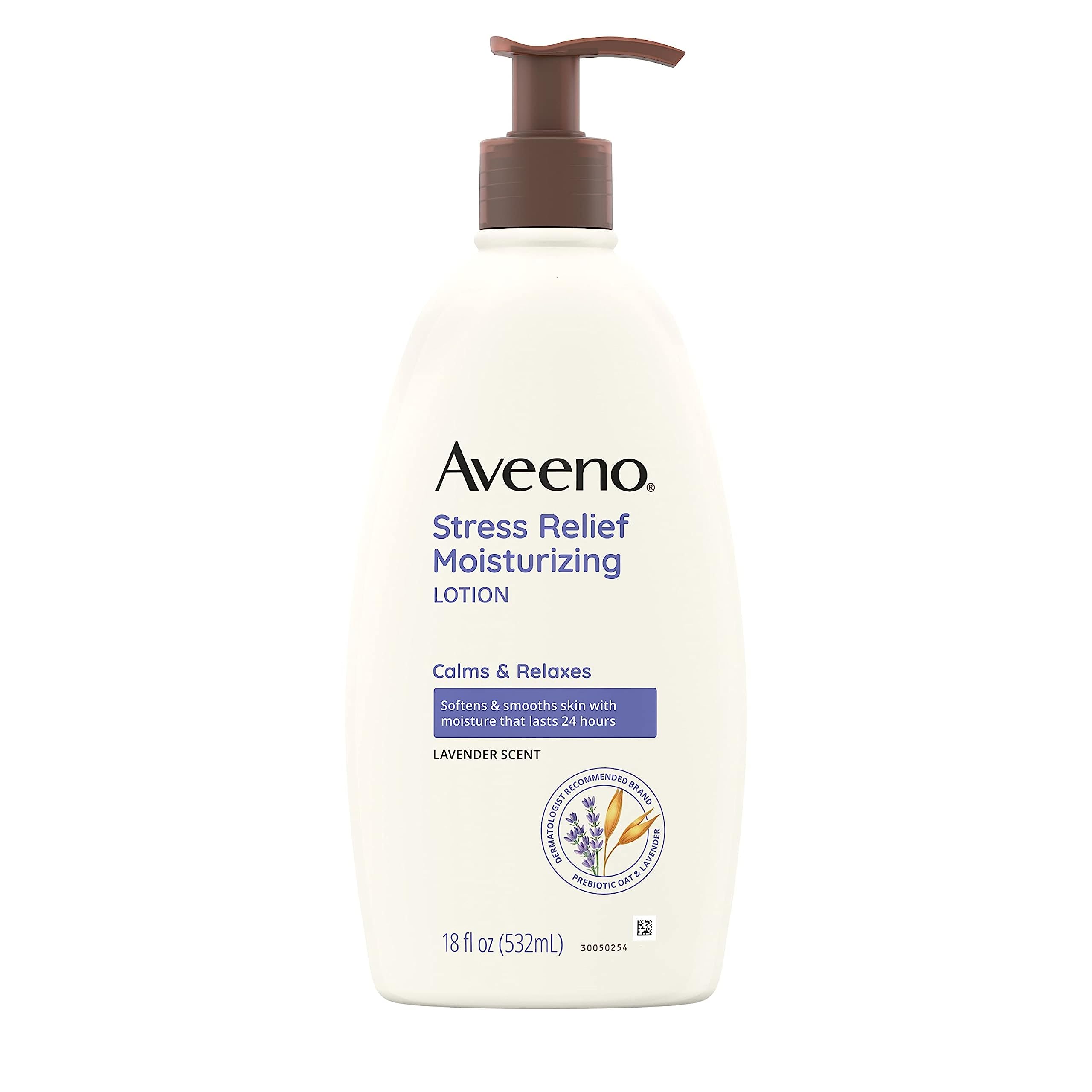Aveeno Stress Relief Lotion bottle front with lavender scent for calming relaxation.