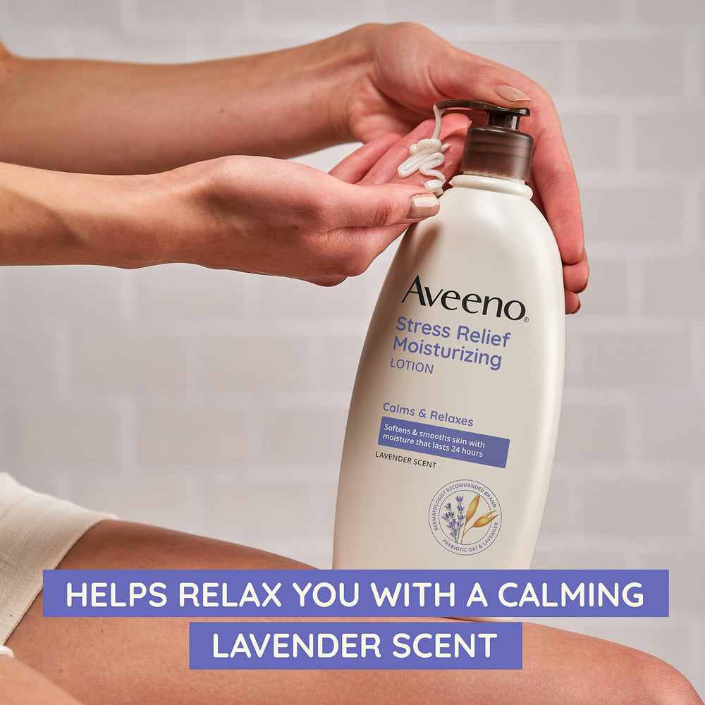 Aveeno Stress Relief Lotion bottle being poured to show quick-absorbing hydration.