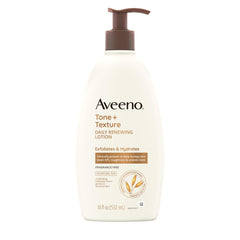 Aveeno Tone + Texture daily renewing lotion bottle on counter for easy daily renewal