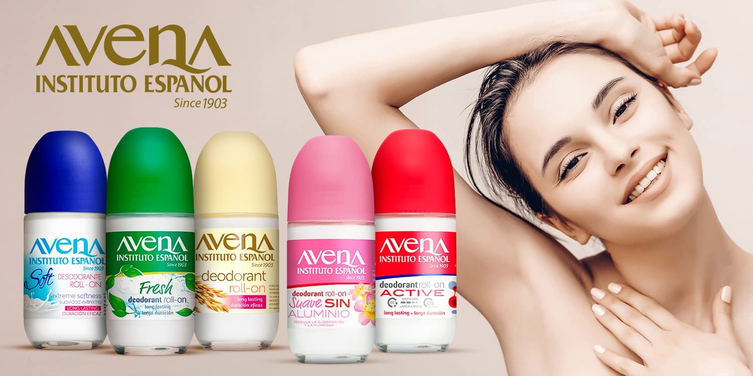 Close-up of Avena Instituto Espanol deodorant roll-on applying to skin for quick-dry protection.