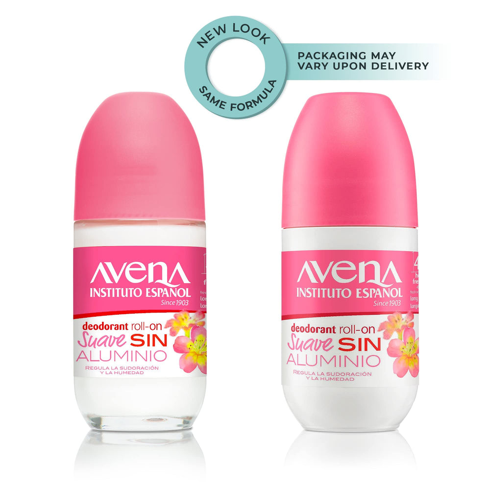 Avena Instituto Espanol deodorant roll-on label highlights non-alcohol, skin-friendly formula for sensitive skin.