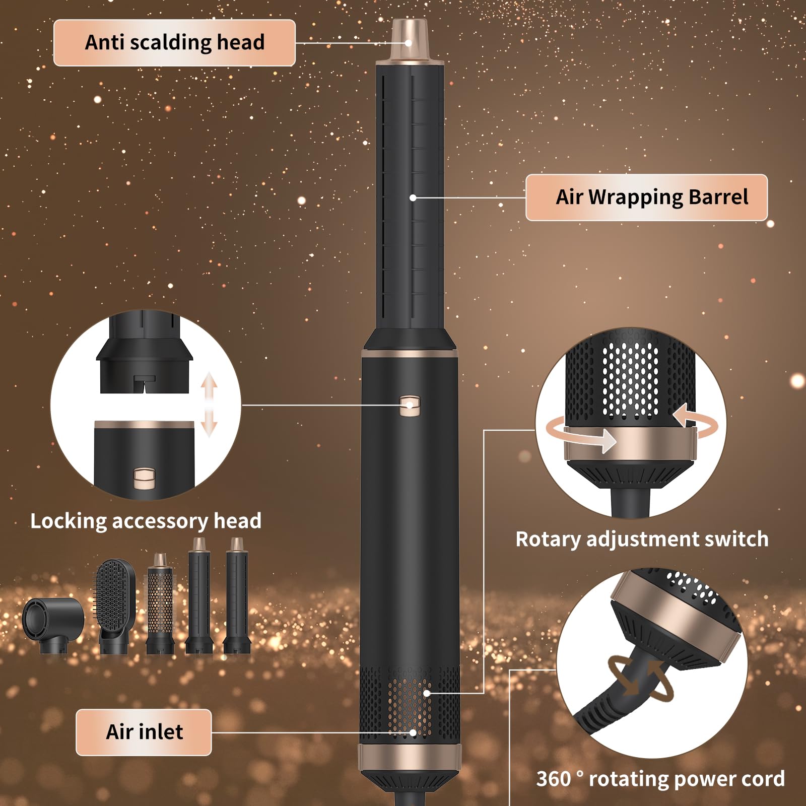 AVENHO 5-in-1 Hot Air Brush 800W motor delivers strong yet gentle airflow.