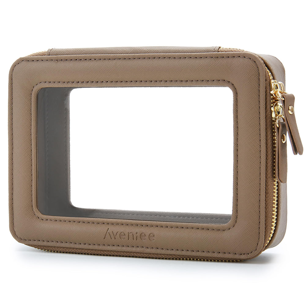 Aveniee clear makeup bag front view highlights sleek storage and travel-ready design.