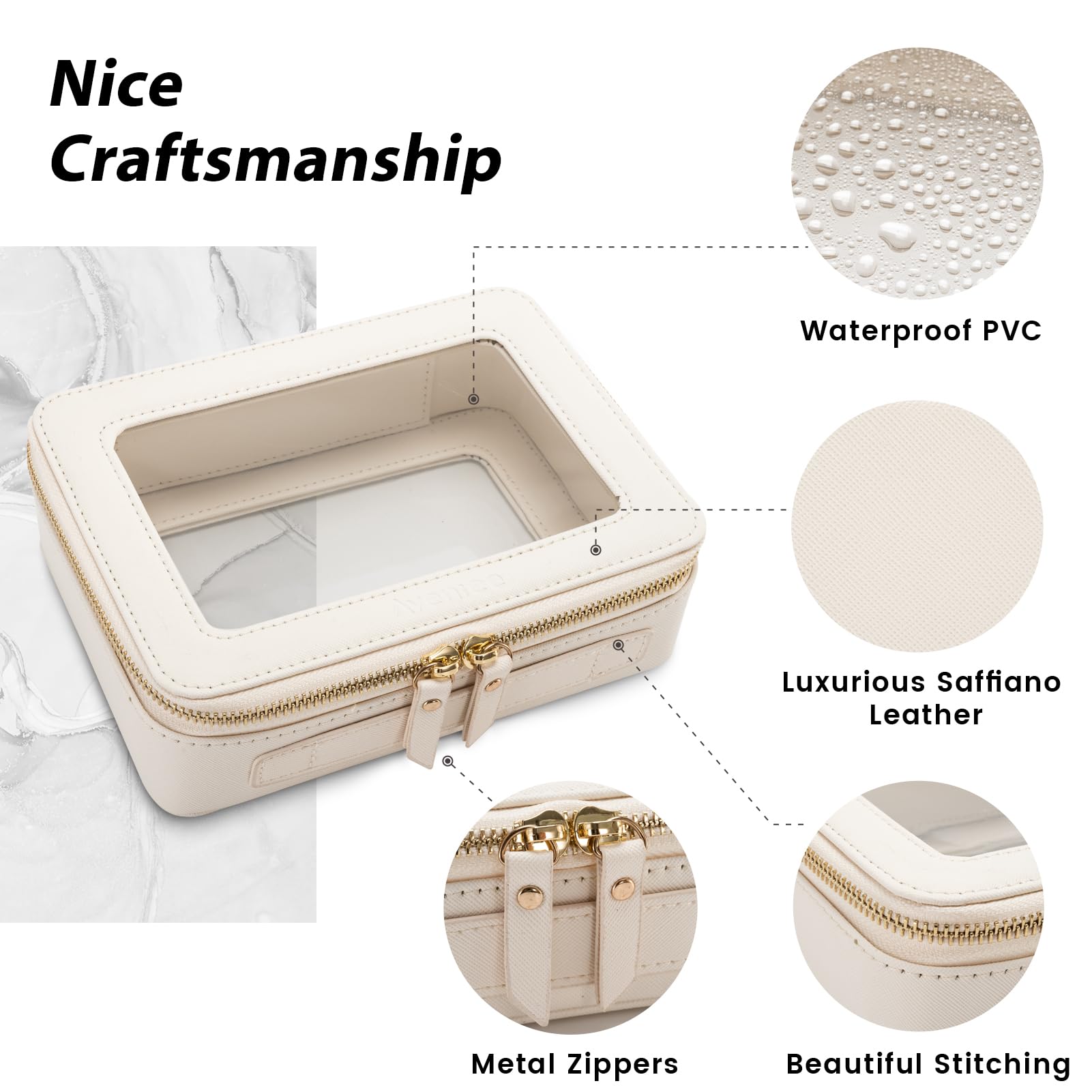 Aveniee Clear Makeup Bag zipper detail highlights whisper-quiet hardware for smooth access