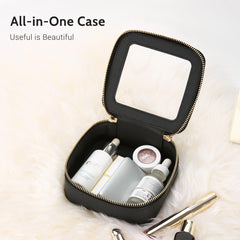 Aveniee Mini Clear Makeup Bag structured box highlights durable saffiano PU leather and premium stitching.