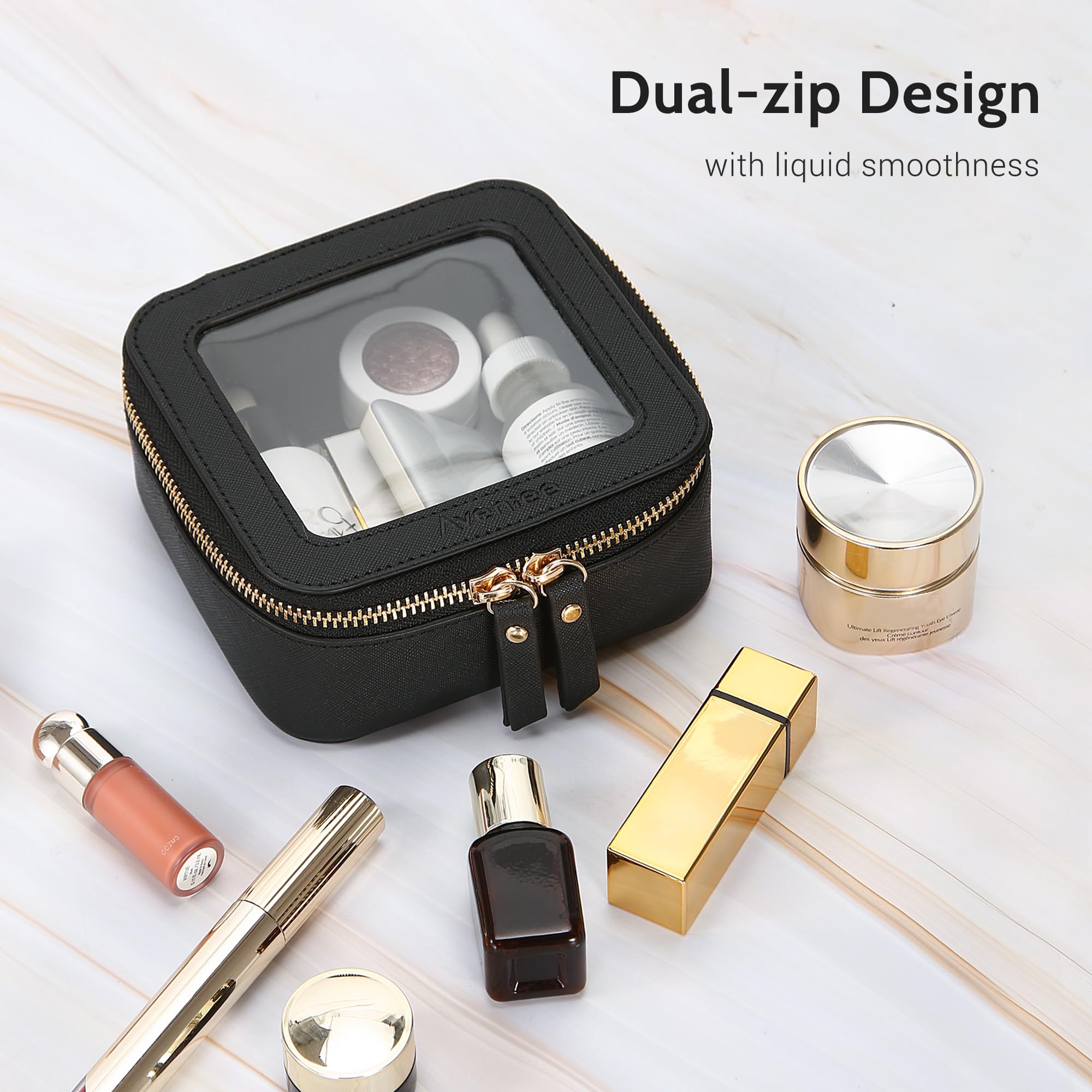 Aveniee Mini Clear Makeup Bag waterproof lining protects cosmetics and small items.