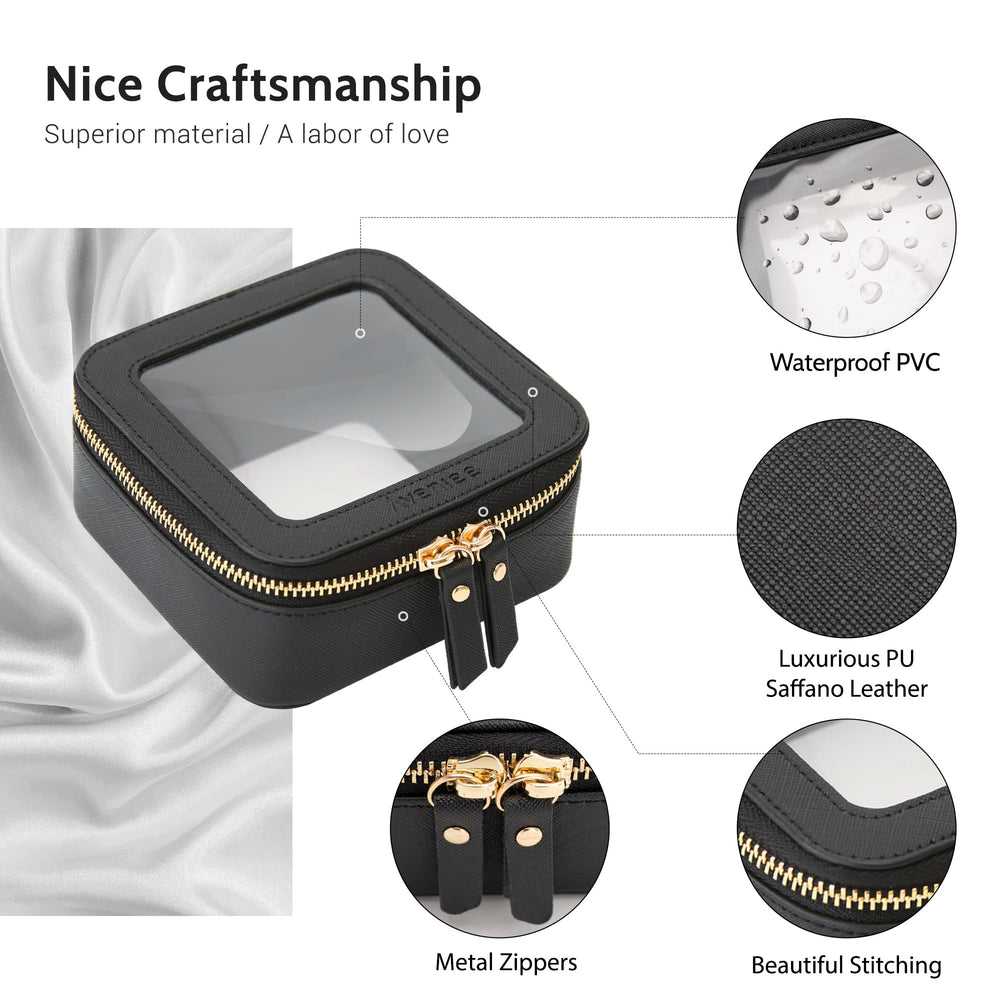 Aveniee Mini Clear Makeup Bag zipper detail emphasizes whisper-quiet operation for travel.