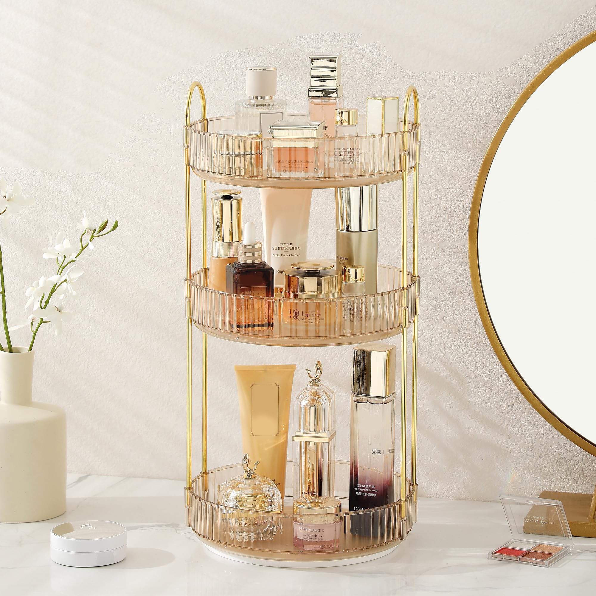 Aveniee organizador giratorio 360 para maquillaje, acceso rápido a productos.