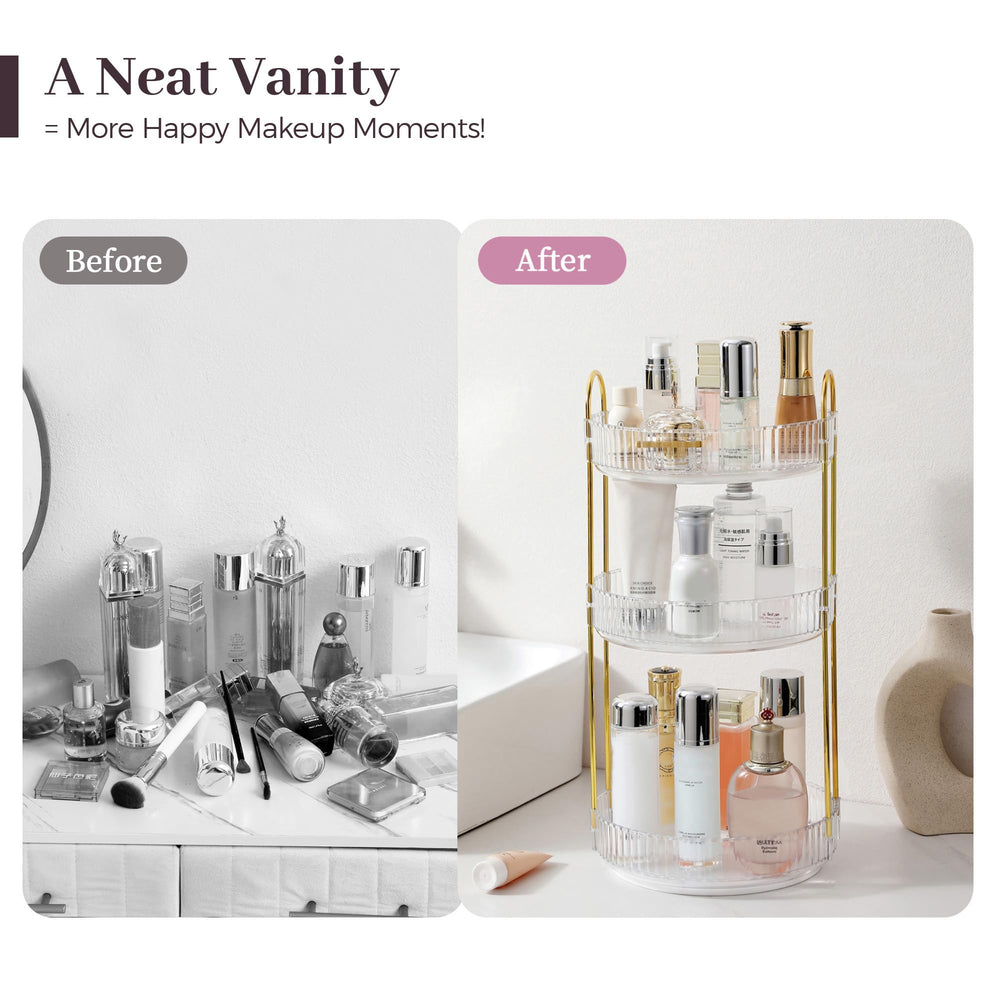 Aveniee rotating makeup organizer durable ABS with metal frame for stability.