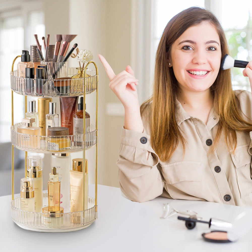 Aveniee rotating makeup organizer easy 1-minute assembly for quick setup.