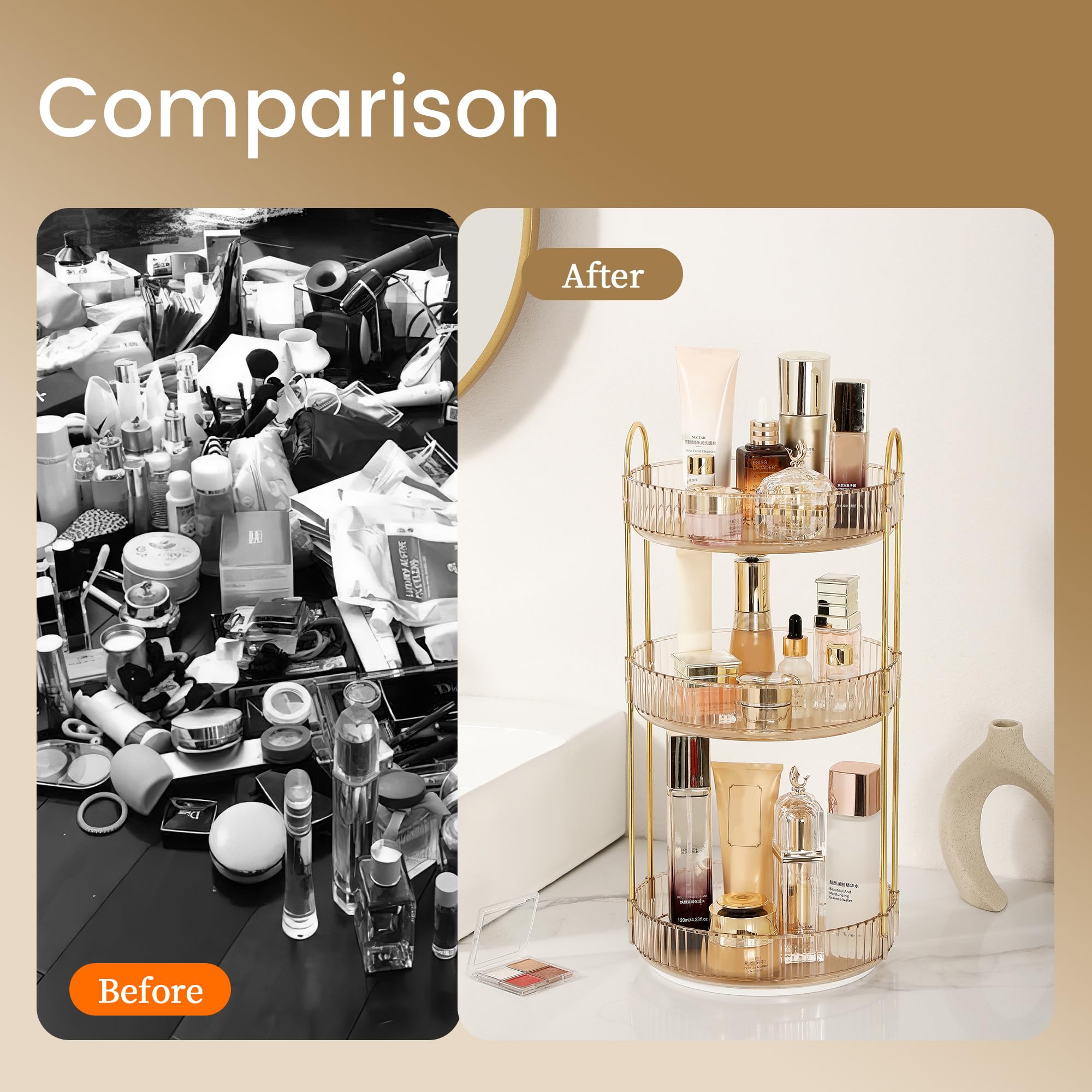 Aveniee rotating makeup organizer features easy assembly for quick dresser setup