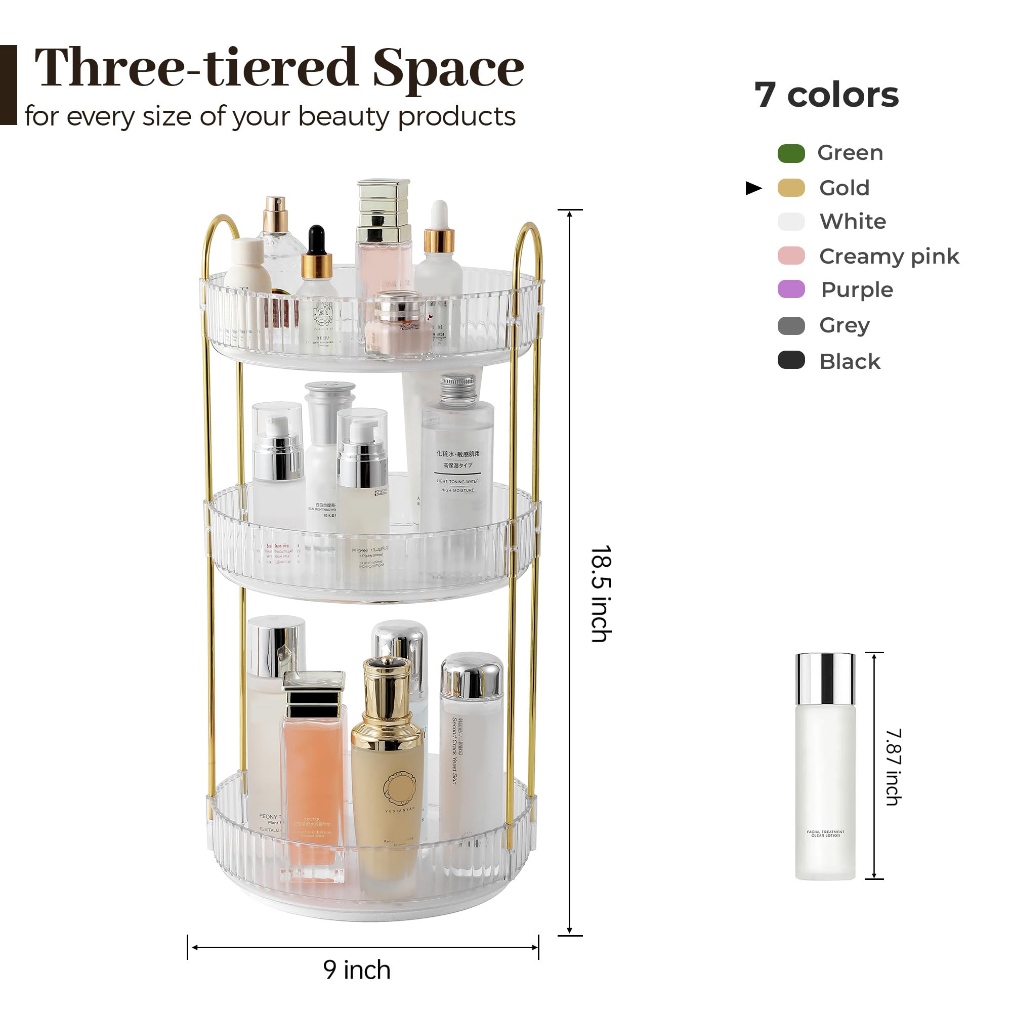 Aveniee rotating makeup organizer highlights gold accent with chic perfume storage