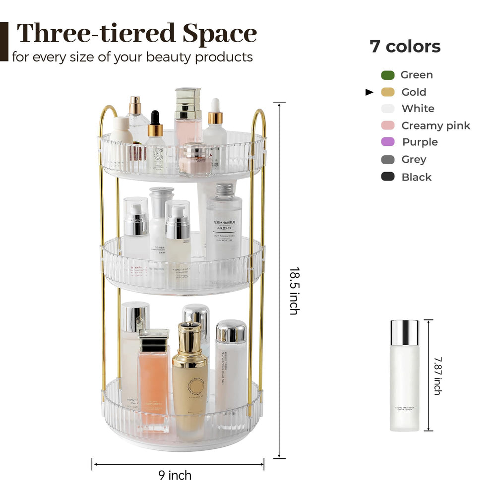Aveniee rotating makeup organizer highlights gold accent with chic perfume storage