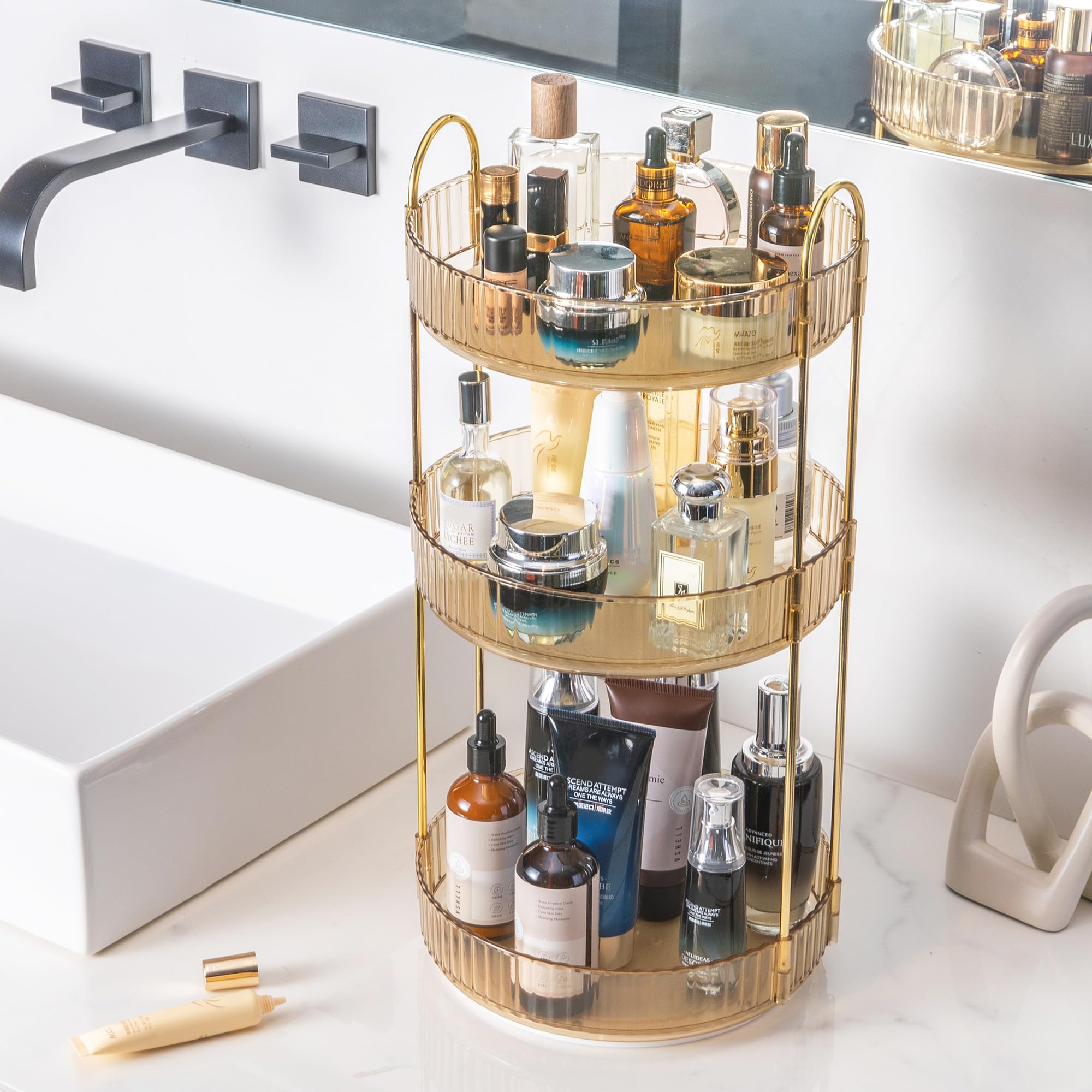 Aveniee rotating makeup organizer includes spill-prevention edge to keep items secure