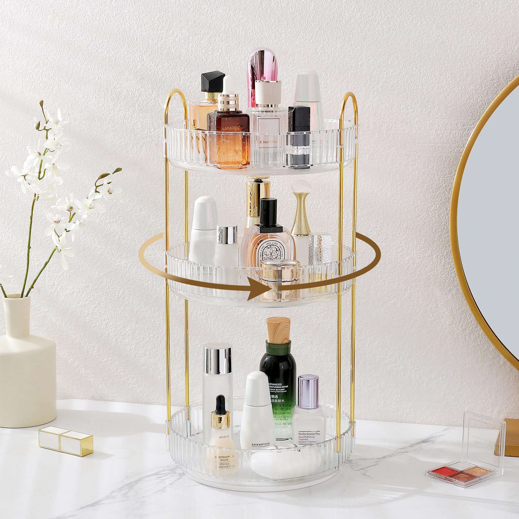 Aveniee rotating makeup organizer three-tier structure keeps cosmetics neatly organized.