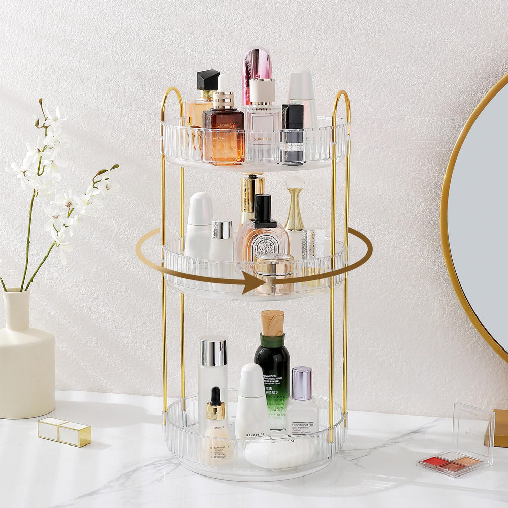 Aveniee rotating makeup organizer three-tier structure keeps cosmetics neatly organized.