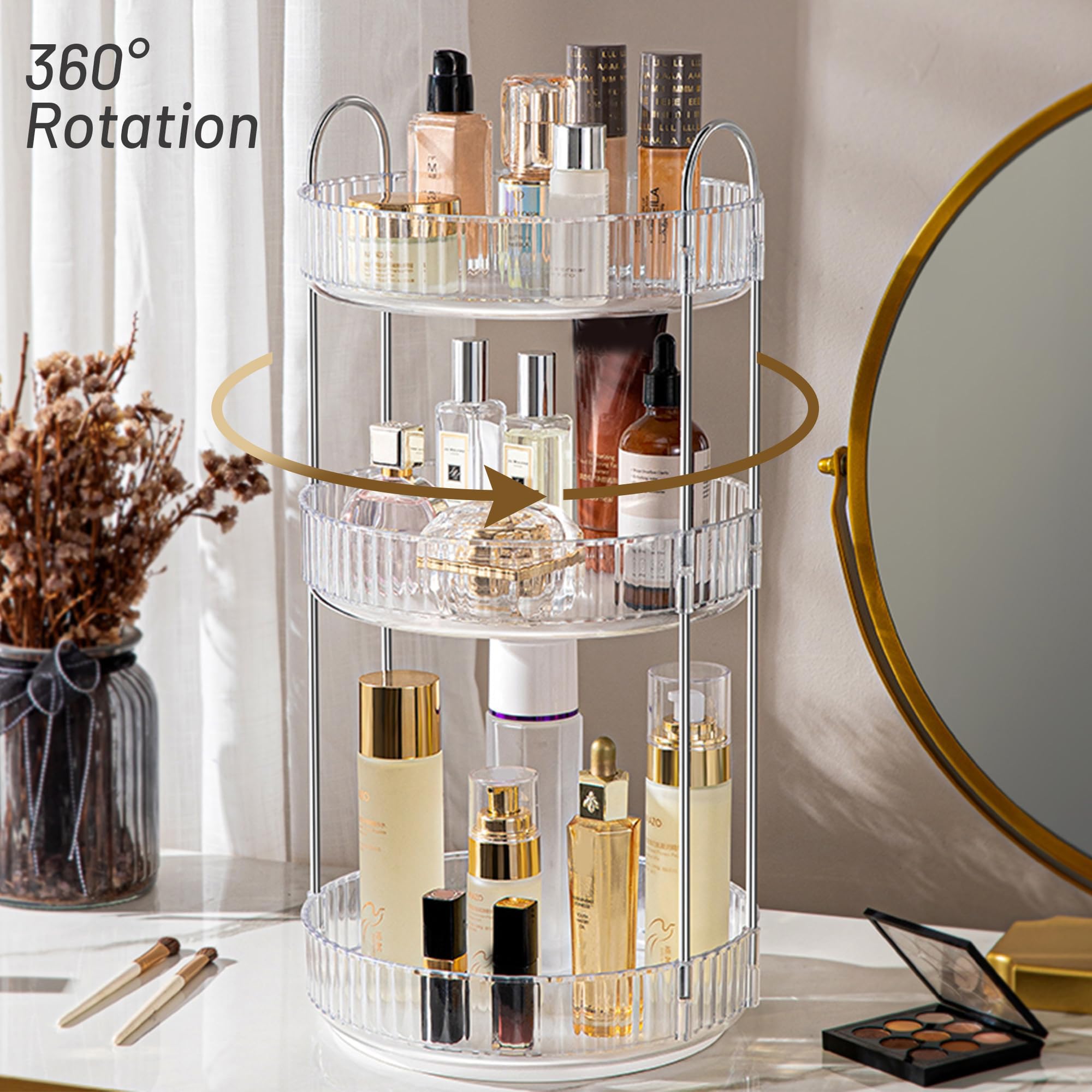 Aveniee vanity organizer with ample storage holds skincare, makeup, and perfumes neatly.