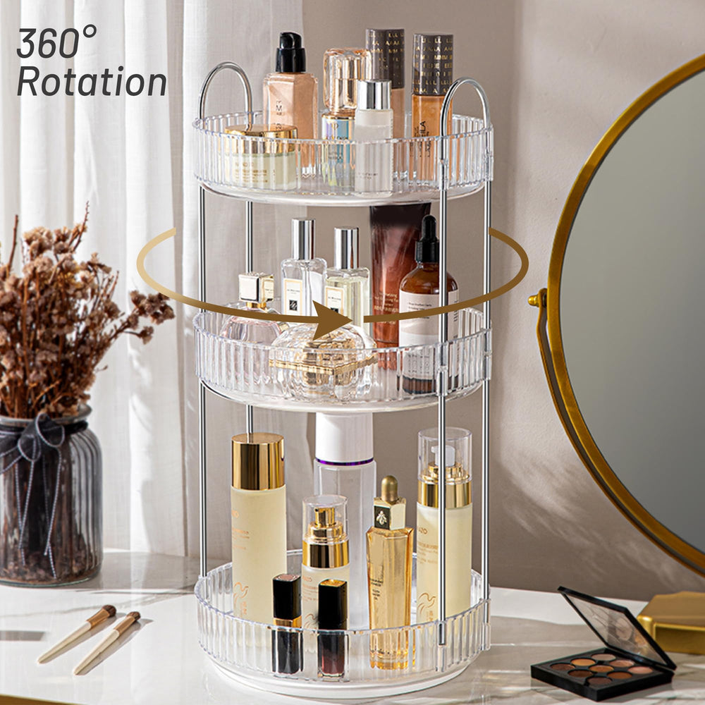 Aveniee vanity organizer with ample storage holds skincare, makeup, and perfumes neatly.