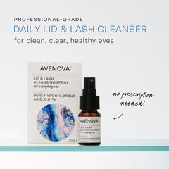 Avenova eyelid cleanser spray application close-up for debris removal.