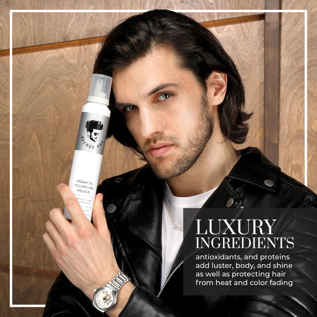Avenue Man Argan Oil Mousse lightweight-foam delivers weightless volume.