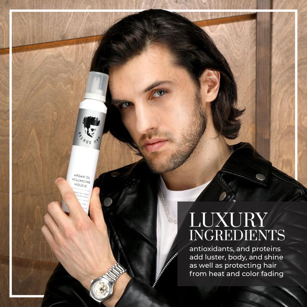 Avenue Man Argan Oil Mousse lightweight-foam delivers weightless volume.