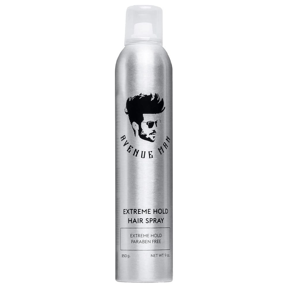 Avenue Man Extreme Hold Hairspray bottle delivers all-day control for busy mornings.