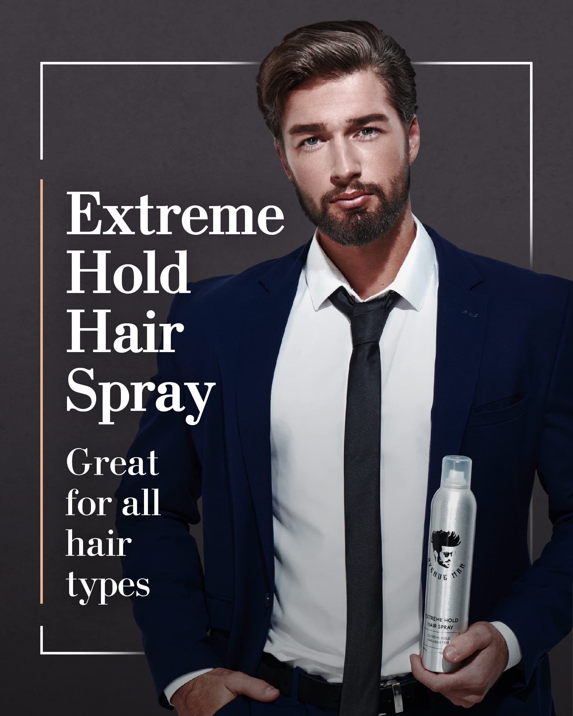 Avenue Man Extreme Hold Hairspray closeup label reveals lemon peel and plant protein enrichment.