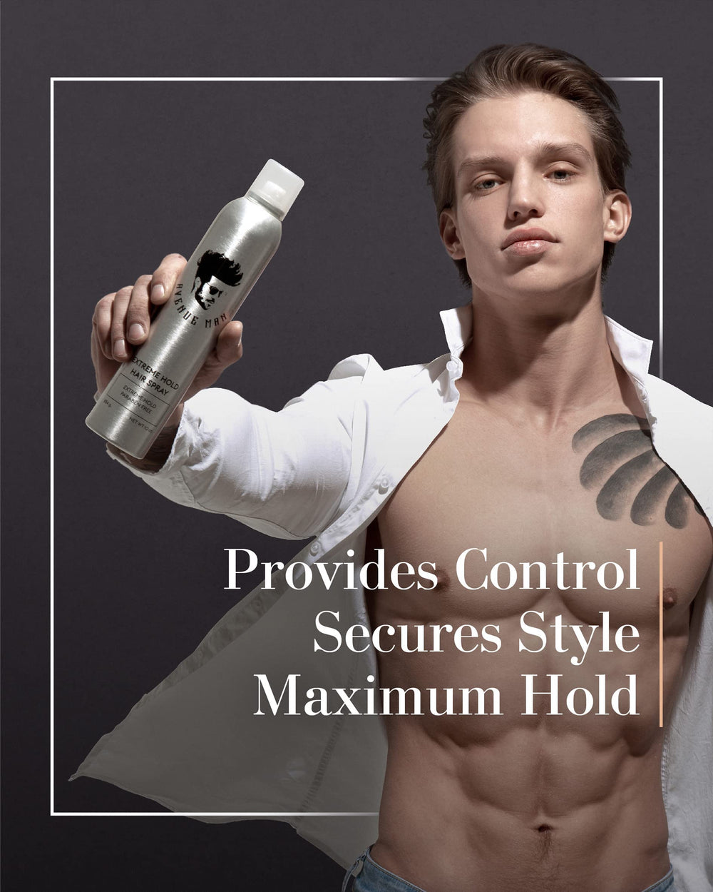 Avenue Man Extreme Hold Hairspray dramatic-style look with strong hold.