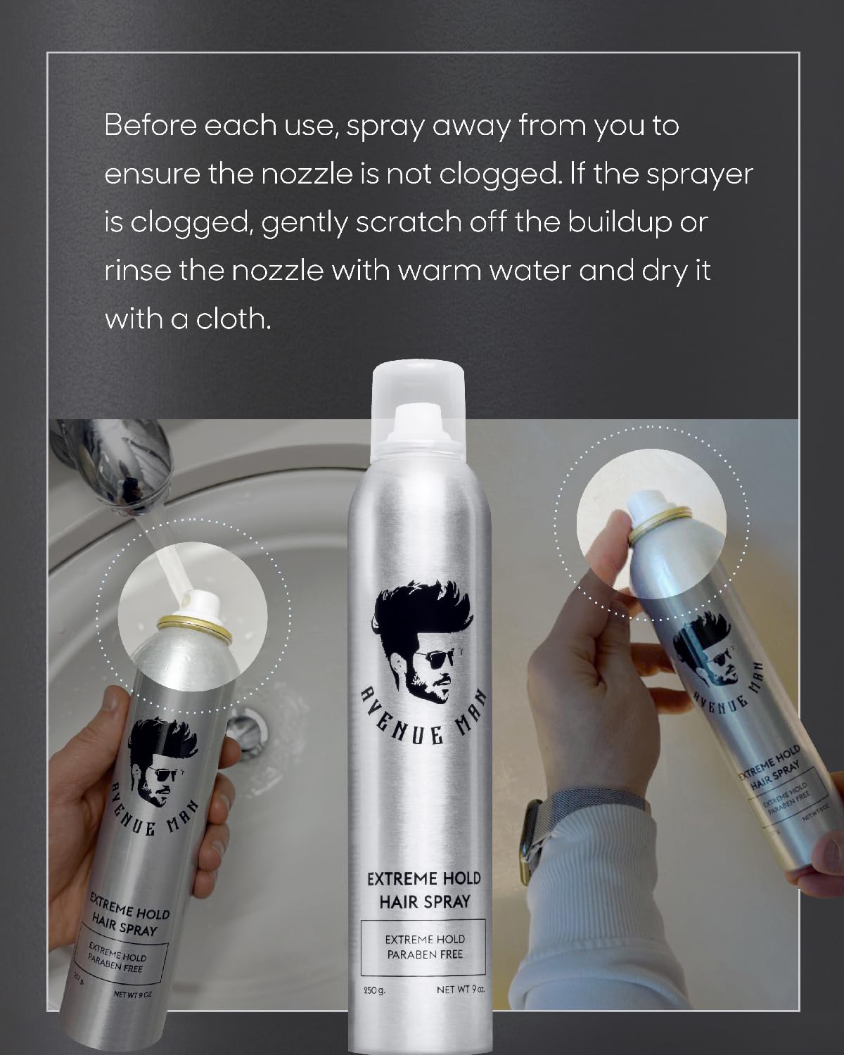 Avenue Man Extreme Hold Hairspray spray-action shows quick-dry application.