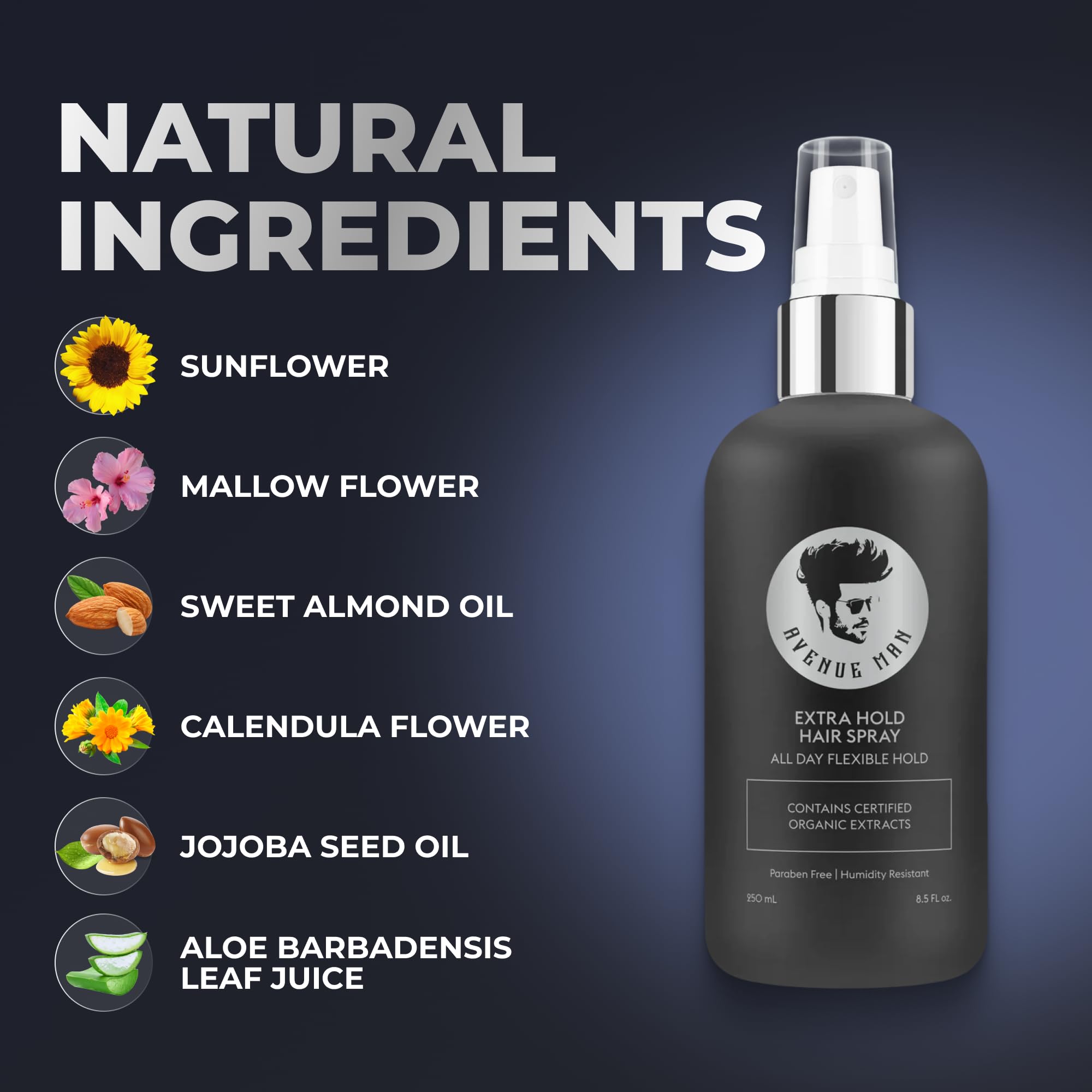 Avenue Man frizz-control action keeps hair smooth in humid conditions.