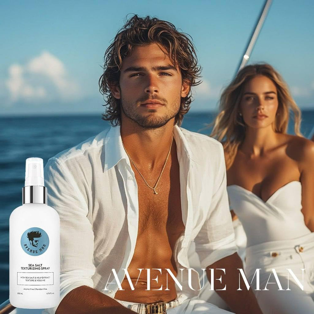 Avenue Man Sea Salt Spray applied to hair creates defined texture and flexible hold