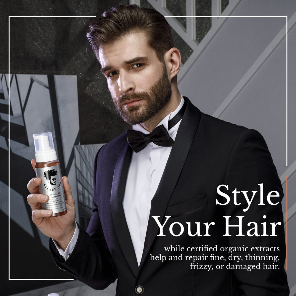 Avenue Man Volume Lift Mousse on hair demonstrates visible volume and lift