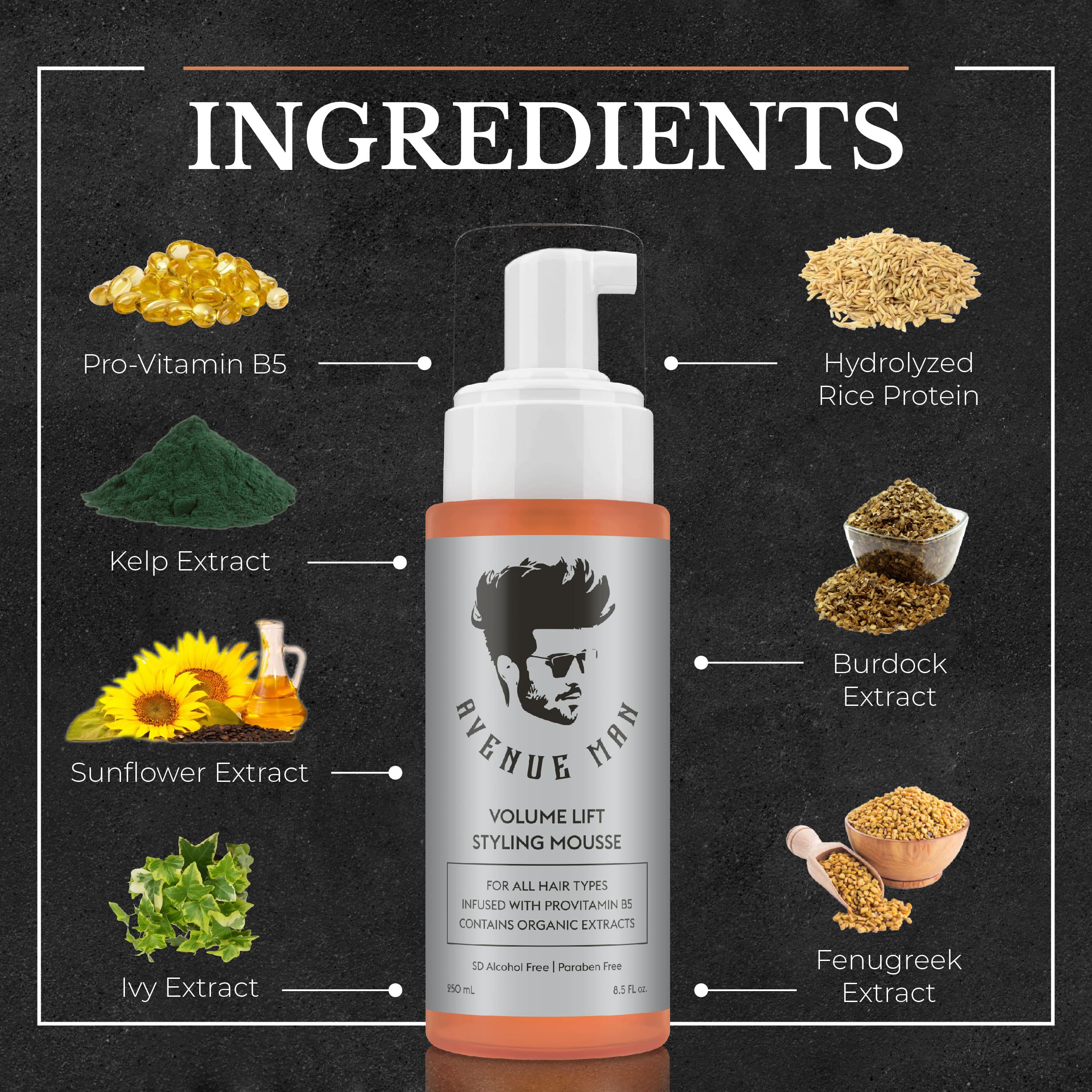 Avenue Man Volume Lift Mousse packaging on display signals premium care