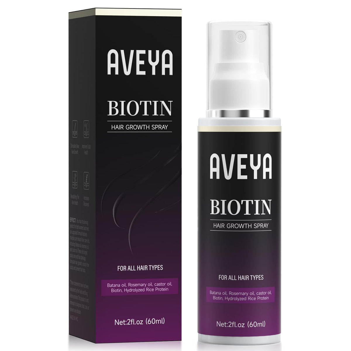 AVEYA Hair Growth Spray bottle closeup showing a non-greasy daily formula