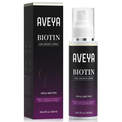 AVEYA Hair Growth Spray bottle closeup showing a non-greasy daily formula