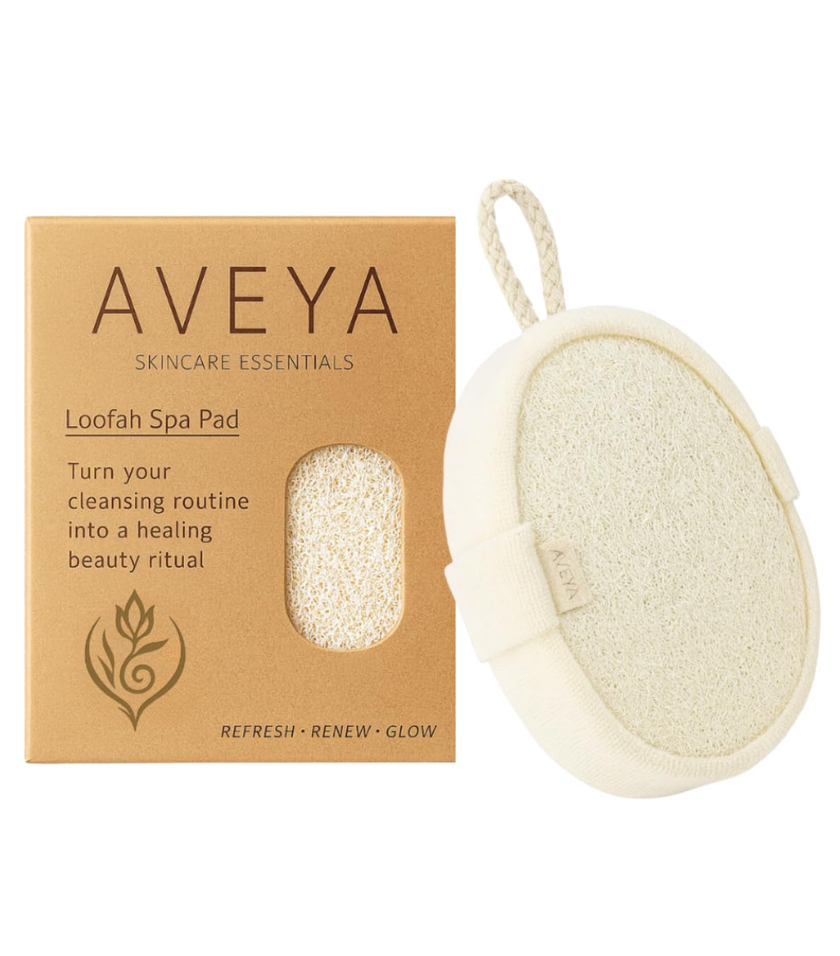 Aveya Skincare Essentials natural loofah sponge shows body and face exfoliation for spa-grade results.