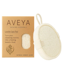 Aveya Skincare Essentials natural loofah sponge shows body and face exfoliation for spa-grade results.