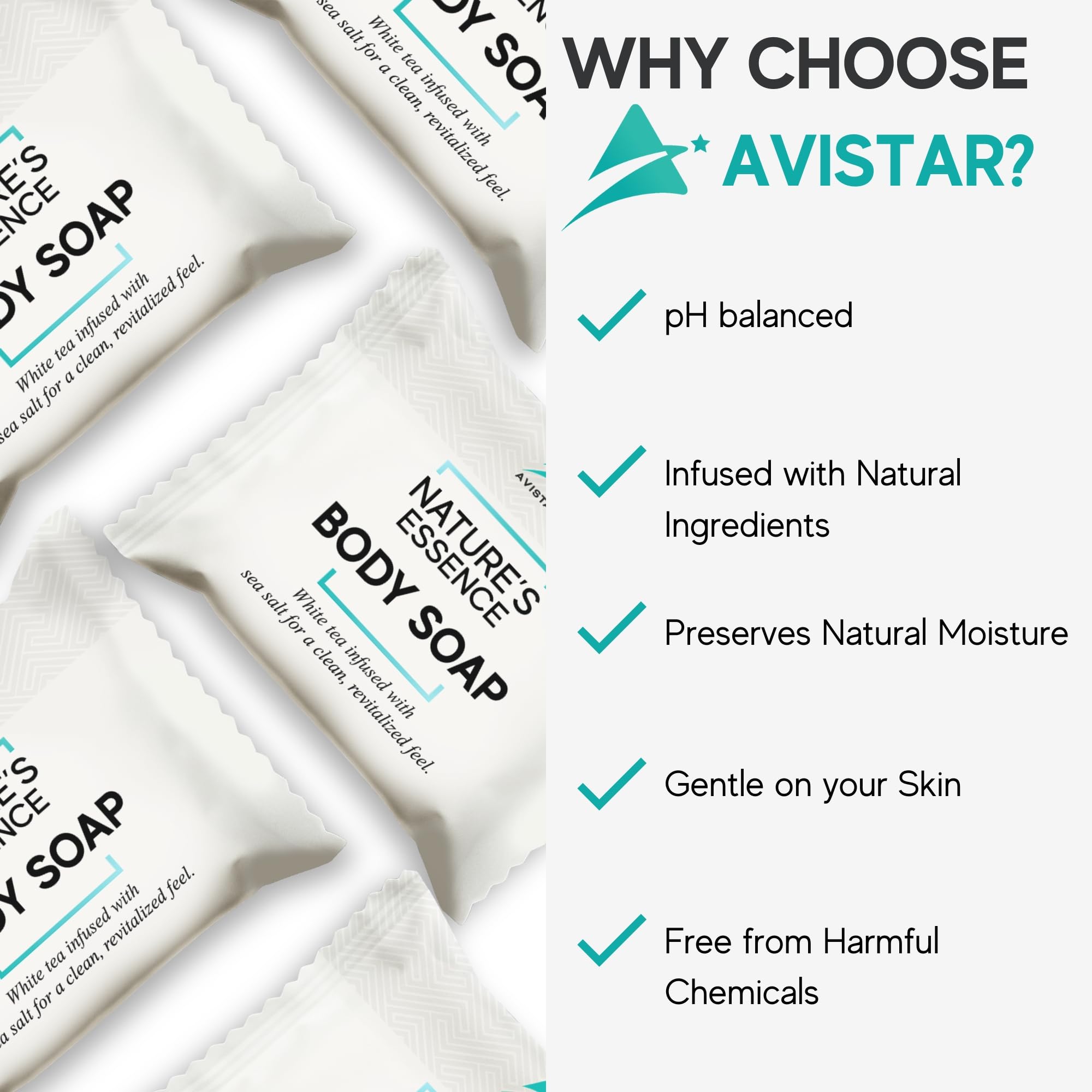 Avistar hotel soap bars on shelf display showing value and practicality.