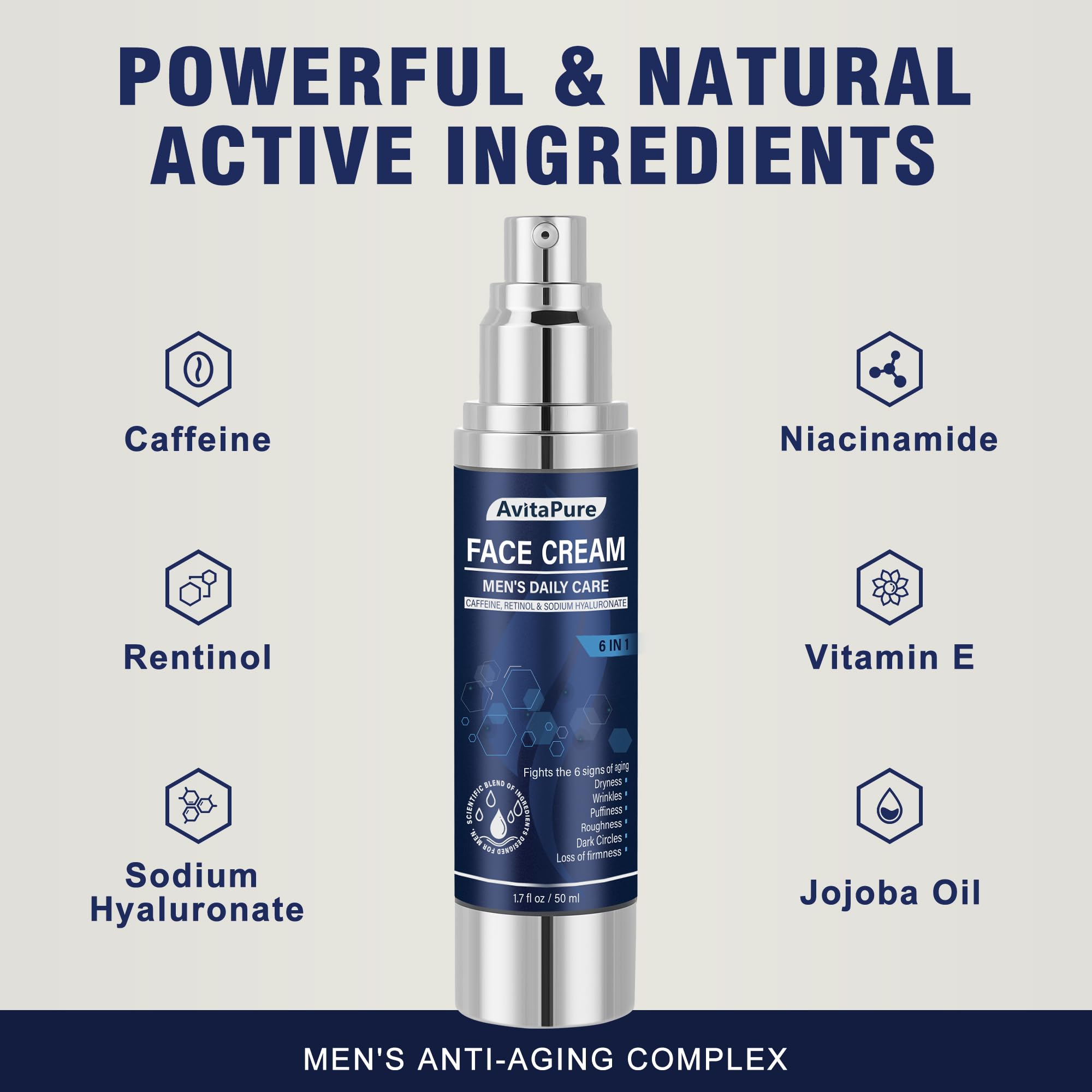 AVITAPURE 6-in-1 cream close-up highlights caffeine and retinol ingredients.