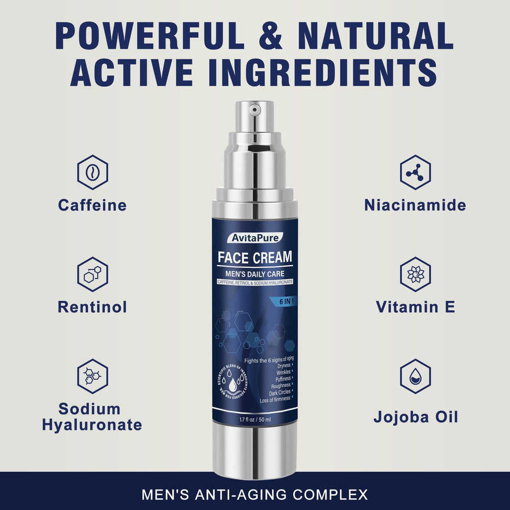 AVITAPURE 6-in-1 cream close-up highlights caffeine and retinol ingredients.
