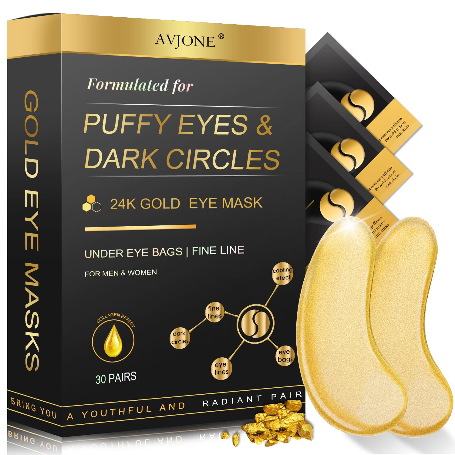 AVJONE packaging for 24K Gold Under Eye Patches shows radiant hydration and convenience