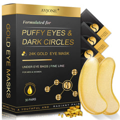 AVJONE packaging for 24K Gold Under Eye Patches shows radiant hydration and convenience