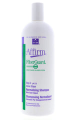 Avlon Affirm Fiberguard normalizing shampoo bottle closeup highlights fiber-strengthening formula for stronger strands.