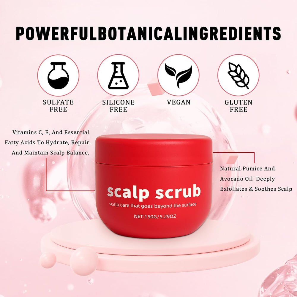 Avocado Oil Scalp Scrub packaging display emphasizing vegan and gluten-free formula